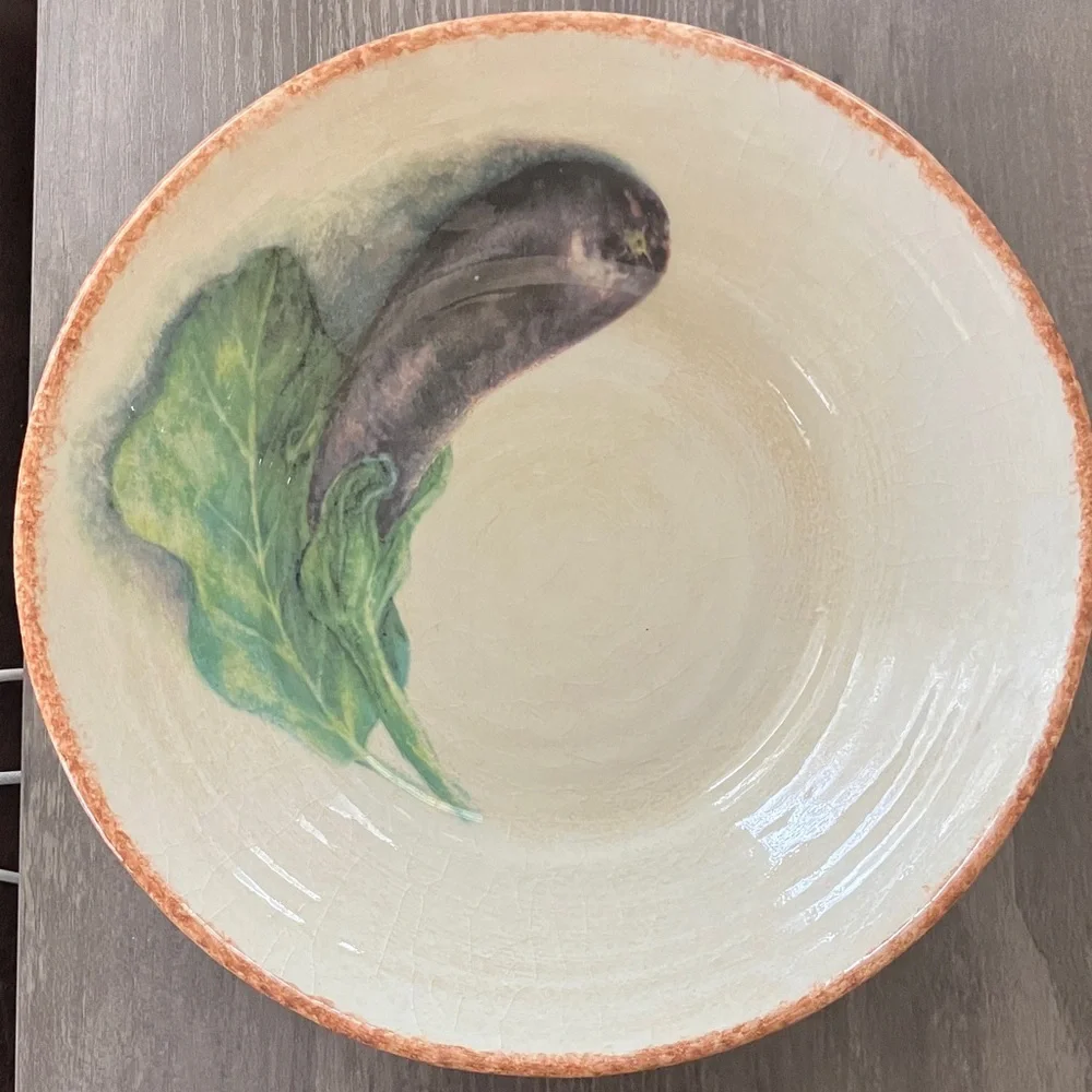 Williams-Sonoma Hand-Painted Eggplant Decorative Bowl - Cream with Green Accent